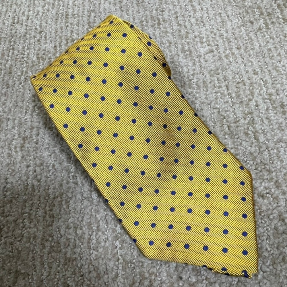 Polo‎ Ralph Lauren Silk Tie Mens Wide Yellow Navy Polka Dot Herringbone 4781